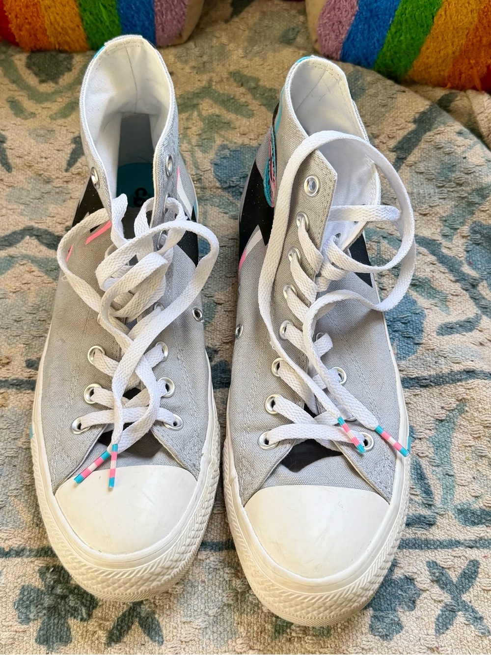 Gray High-Top Converse Sneakers with Colorful Accents Trans Pride